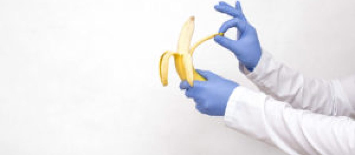 Dotkor holds a banana in his hands and peels. The concept of a surgical operation to dissect the frenum of the foreskin in men, circumcision of the foreskin, phimosis, copy space, healthcare